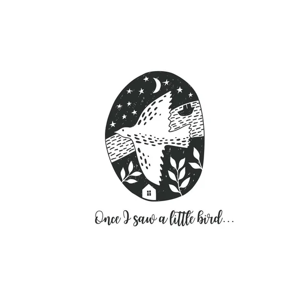 Emblème Dessiné Main Avec Oiseau Volant Éléments Floraux Illustration Vectorielle — Image vectorielle