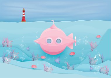 Vektör ve illüstrasyon, denizaltı pembe denizaltı ve pastel tarzında bir sürü balık..