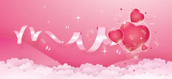 Rode Harten Bel Drijven Roze Achtergrond Gelukkige Valentijnsdag Liefde Iconisch — Stockvector