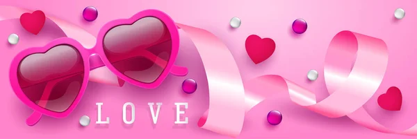 Koncepcja Walentynki Plakat Lub Baner Słodkie Realistyczne Różowe Serca Okulary — Wektor stockowy