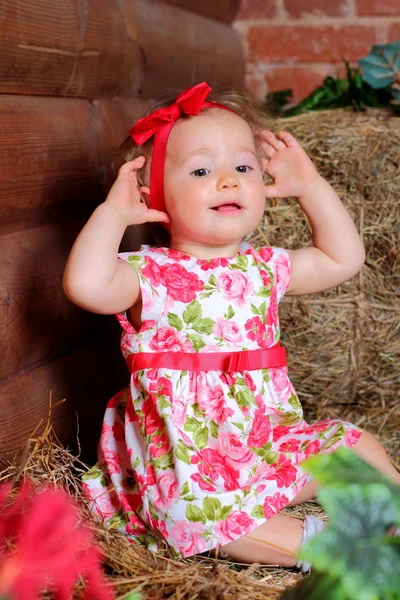 Cute Little Baby Floral Dress Hay — Stock Photo, Image
