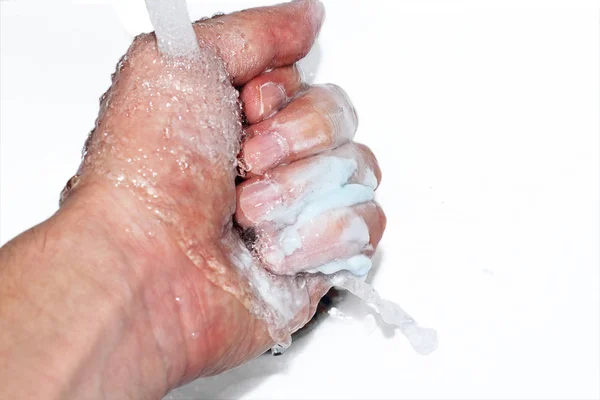 Hand Washing Soapy Hand Clenched Fist Washing Stream Running Water — Stock Photo, Image