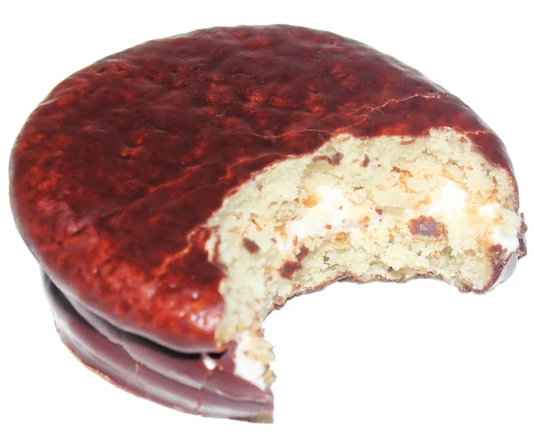 Einen Runden Gebissenen Schokoladenkeks Leckeres Süßes Dessert Schokoladenglasur Kuchen Und — Stockfoto