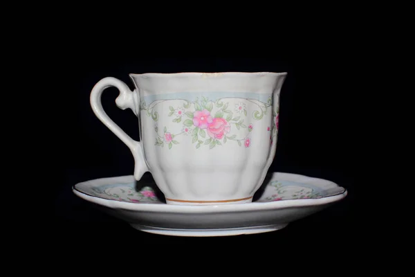 Old White Porcelain Cup Saucer Painted Flowers Black Background Object — Stock Photo, Image