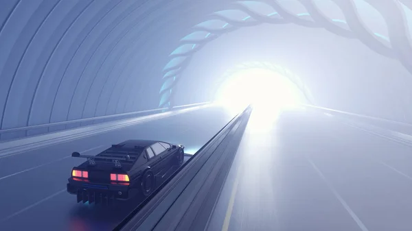 Retro Car Driving Fast Tunnel Rendering Illustration — Stock Photo, Image