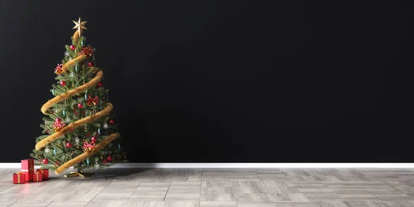Albero Natale Davanti Muro Nero Vuoto Rendering Illustrazione — Foto Stock