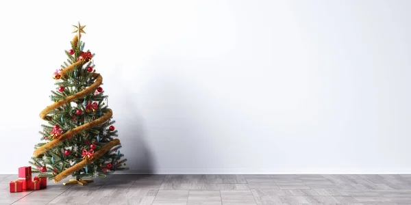 Albero Natale Davanti Muro Bianco Vuoto Rendering Illustrazione — Foto Stock