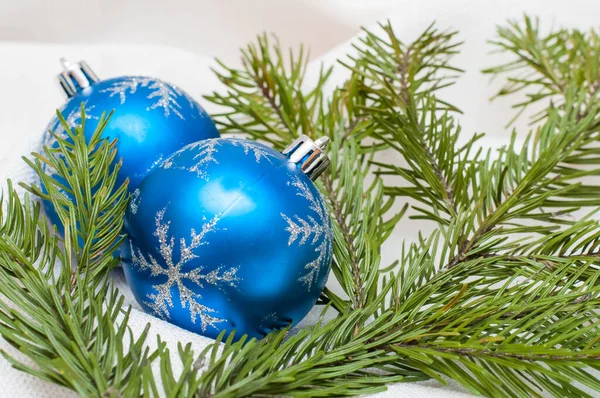 Carte de Noël ou Nouvel An. boules bleues sur un fond clair. Se tenir sur les branches de sapin — Photo