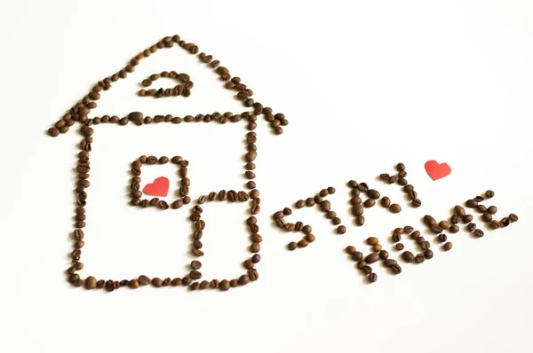 Painted House Stay Home Sign Coffee Beans White Background — Stock Photo, Image