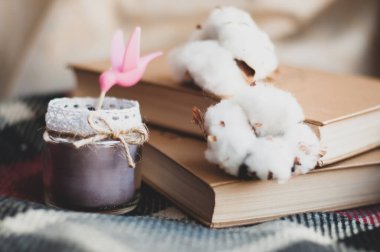 Kırmızı bir ekose halıda antika kitaplar. Çiçeklerin yanında, kuş ve pamuklu bir mum.