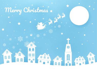 Mutlu noeller. Resim kağıdı modeli. Noel Baba çocuklara Noel hediyesi vermek için şehirde bir çekçek sürüyor..