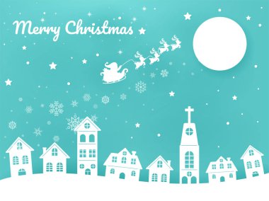 Mutlu noeller. Resim kağıdı modeli. Noel Baba çocuklara Noel hediyesi vermek için şehirde bir çekçek sürüyor..