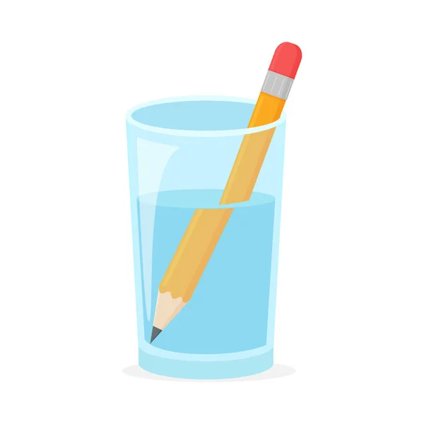 Réfraction. Crayon en bois dans un verre d'eau Réfraction causée le crayon dans le verre est grand . — Image vectorielle