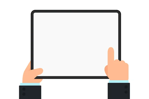 La mano sosteniendo la tablilla. La mano del hombre de negocios apuntando a la pantalla de la tableta. vector aislado sobre fondo blanco . — Vector de stock