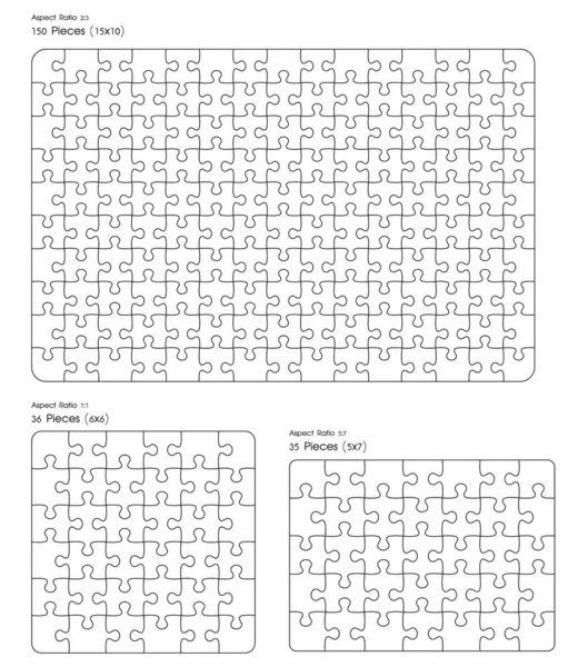 Kirakós puzzle Mockup Méret 15x10, 6x6, 5x7 az egymást átfedő kirakós képekért a játékban képenként. — Stock Vector