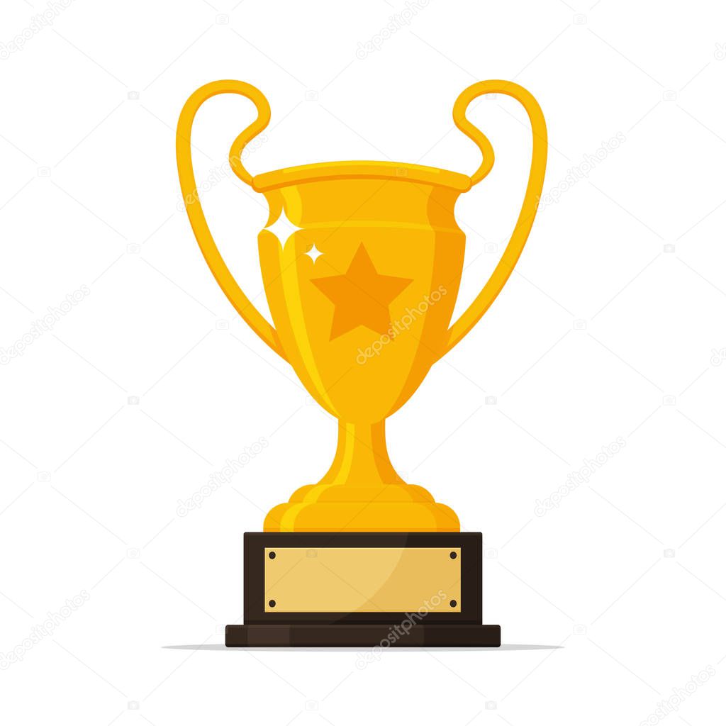Trophy vector. Gold trophy with name plate of the winner of the sporting event.
