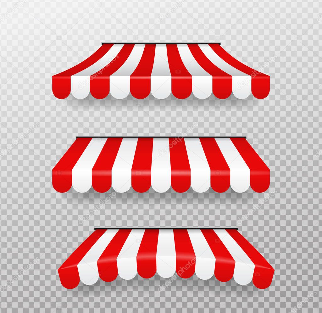 Red and white sunshades for shops Isolated vector on transparent background.