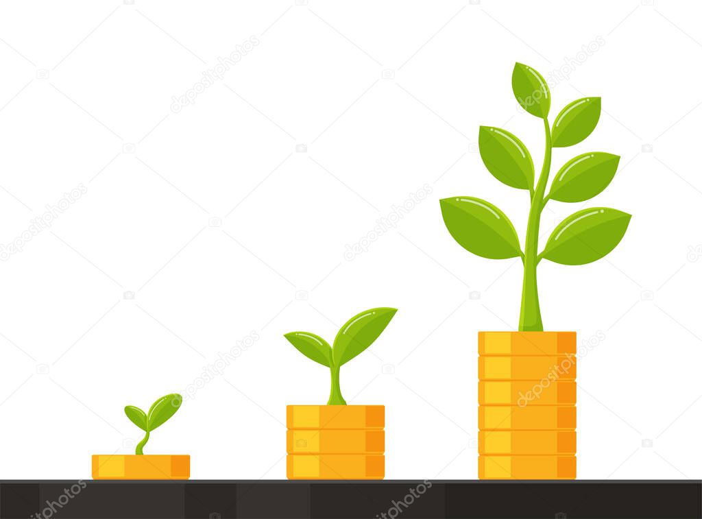 The pile of coins grows with the tree of business growth ideas, saving money for the future.