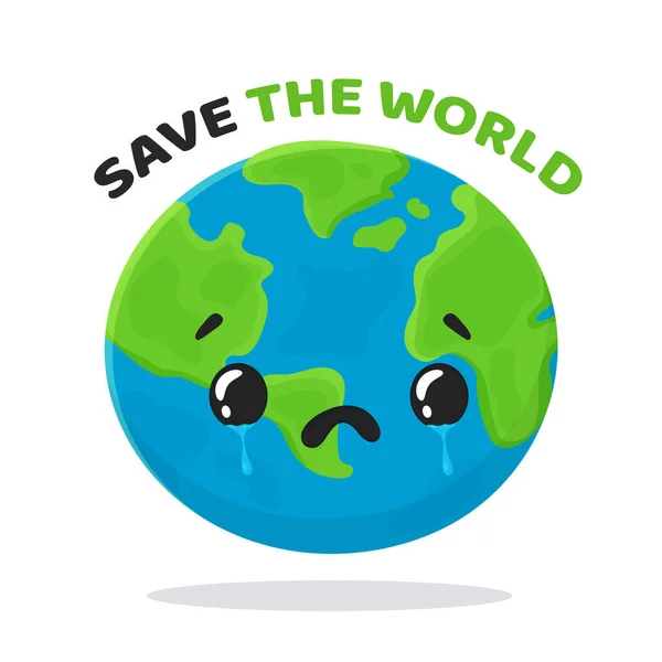 Vektor traurige Karikatur Globus unter dem Text "die Welt retten" isoliert auf weißem Hintergrund. — Stockfoto