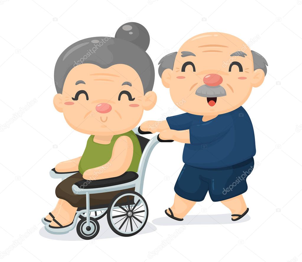 Elderly society Cartoon, old age lovers care for each other when sick.