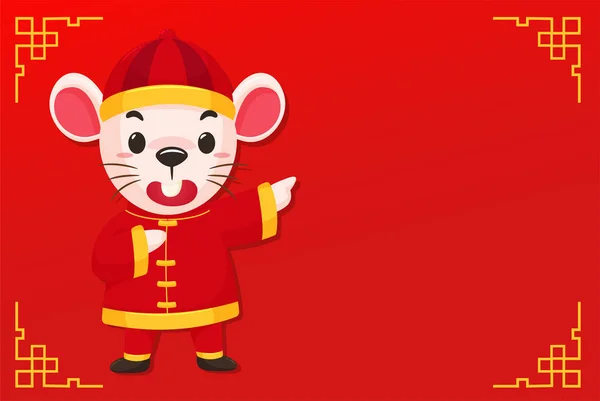 Cartoon mouse wearing a chinese dress on the red background of chinese new year