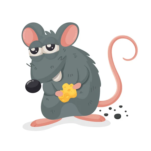 Ratón sucio. Vector ratón de dibujos animados sosteniendo un cubo de queso robado . — Foto de Stock