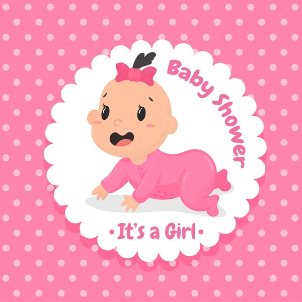 Conception de douche bébé. La petite fille rampait joyeusement et le message Baby shower . — Photo