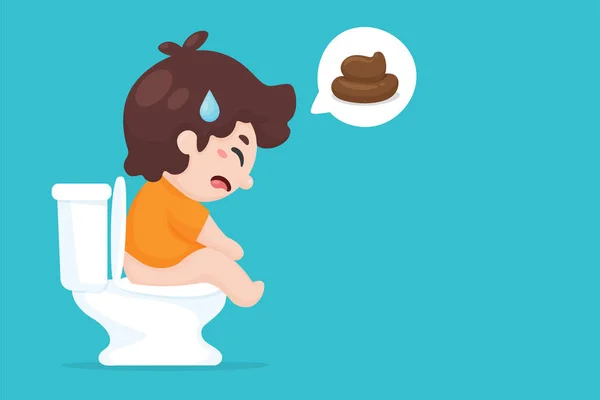 Vector cartoon boy sitting in the bathroom with pain in the stool because of constipation. — Stock Vector