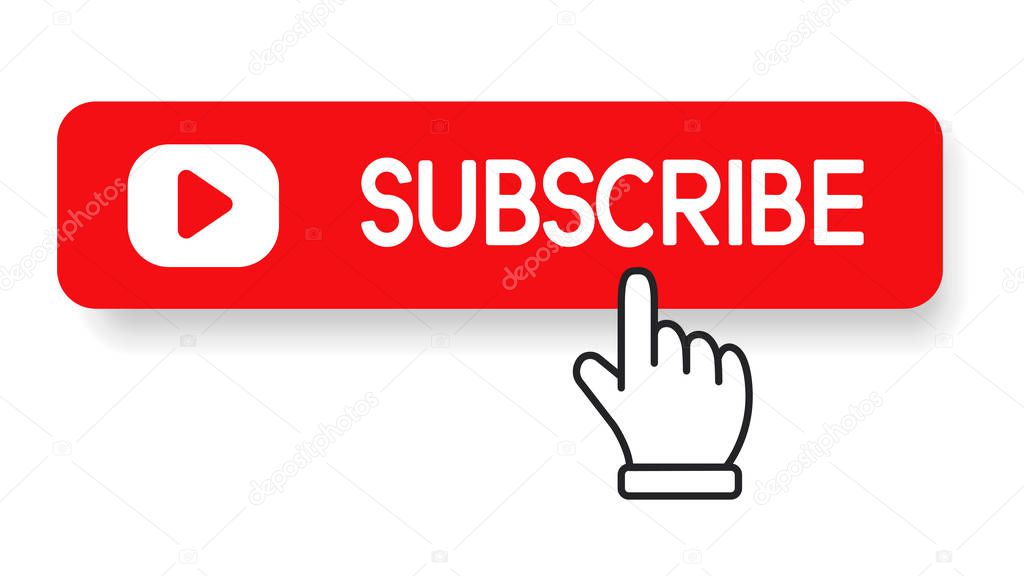 A hand mouse cursor is clicking on the subscribe button on Youtube to track the content on your video.