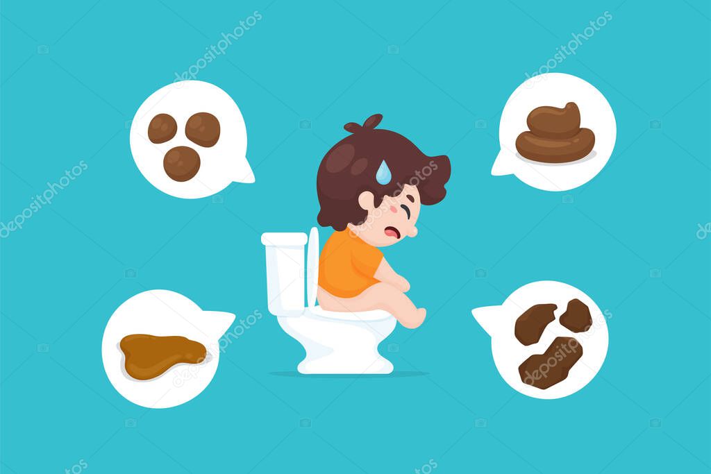 Vector cartoon boy sitting in the bathroom with pain in the stool because of constipation.