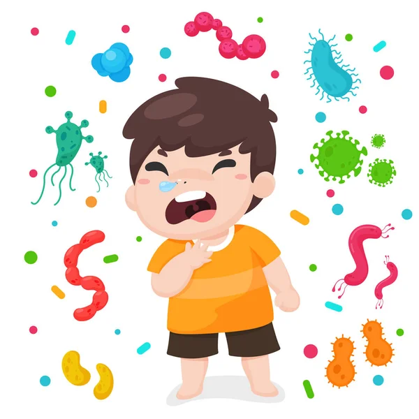 Vektorové kreslené bakterie nebo virus korony vznášející se ve vzduchu způsobuje chřipku kašel a výtok z nosu. — Stockový vektor