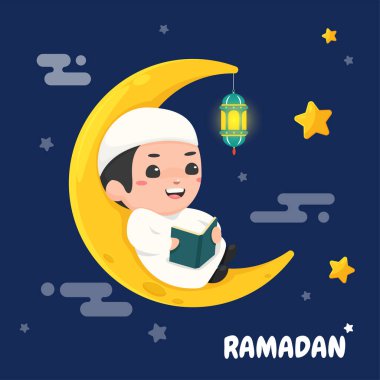 Müslüman çocuklar ramazan festivalinde yıldızlarla dolu hilal bir ayda Kur 'an okurlar..
