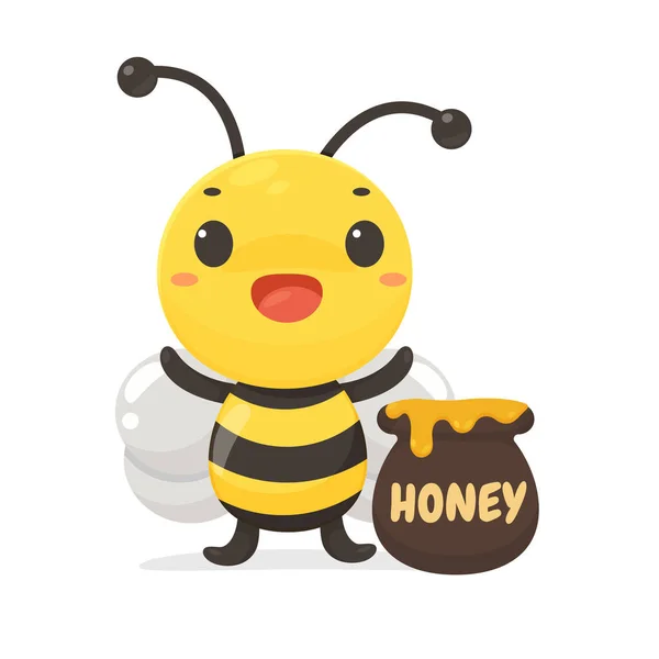 花から蜂蜜を集めることができるベクトル漫画幸せな小さな蜂 白地に隔離 — ストックベクタ