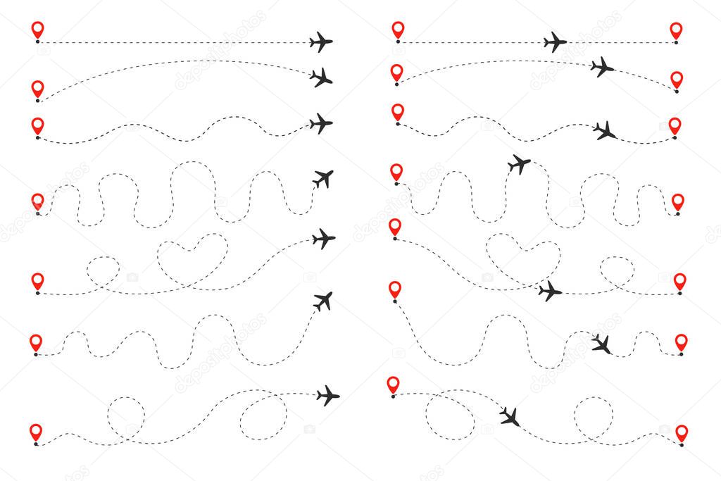 The plane follows the dotted line. Flights traveling from the origin to the destination on the world map.