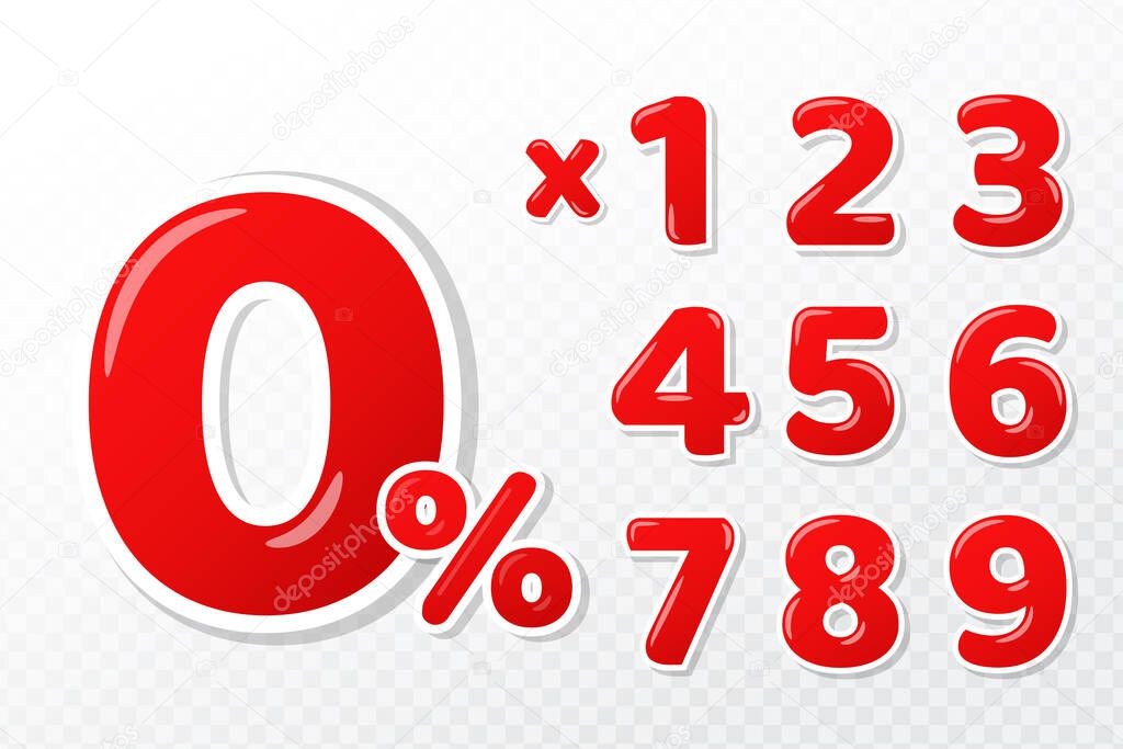 3D red numbers set with 0 percent mark and numbers Installment payment concepts