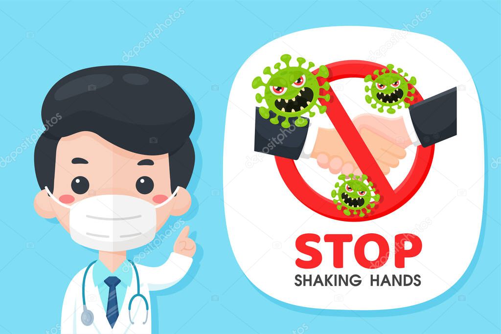 Cartoon doctor who recommends preventing the flu from the corona virus by stop shaking hand.
