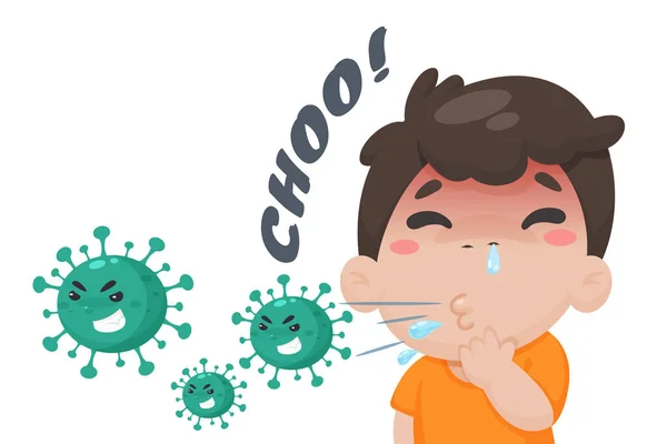 卡通病男孩高烧咳嗽 但他没有戴口罩来防止日冕病毒的传播 — 图库矢量图片