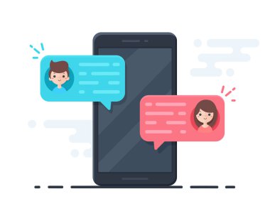 Erkekler ve kadınlar arasında mesaj baloncuklu vektör cep telefonu Çevrimiçi sohbet kavramları.