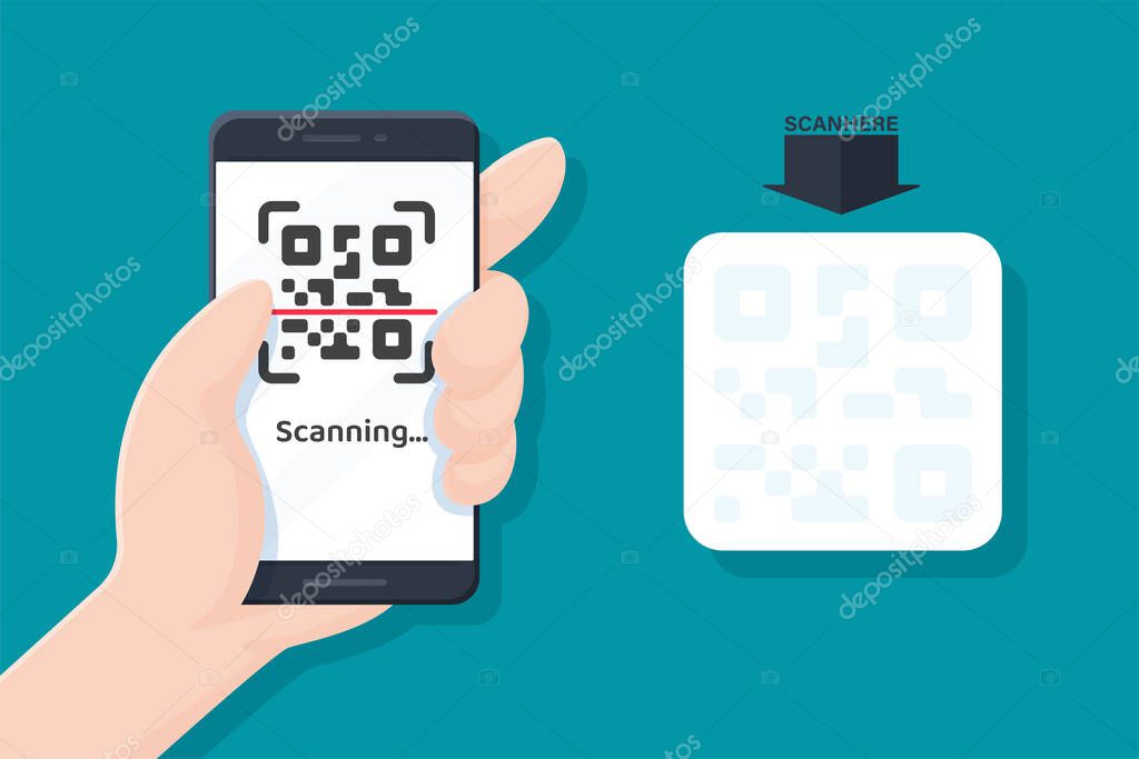 Mobile phone handle scanning QR Code for payment and link to website.