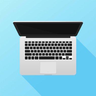 Laptop görüntüsü. Mavi arkaplana yerleştirilmiş vektör dizüstü bilgisayar. Işık uzun gölgelere neden oluyor..