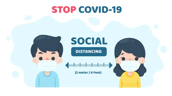 Sosyal Mesafe Tıbbi Maske Takan Insanlar Koronavirüs Enfeksiyonu Riskini Azaltmak — Stok Vektör