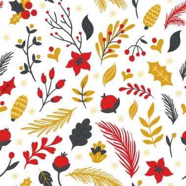 Çiçekler, dallar, yapraklar, koniler ve böğürtlenlerle kusursuz desen. Güzel el çizimi vektör çizimi. Kış çiçeğinin dokusu. Kumaş, tekstil, duvar kağıdı veya arkaplan için harika.