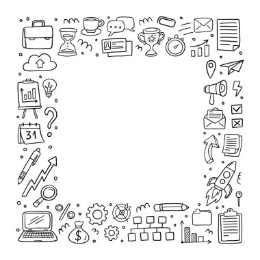 İş simgeleriyle siyah beyaz çerçeve. Çizim tarzında şirin vektör ilüstrasyonu eğitim, banka, o, Saas, finans, pazarlama ve diğer iş alanlarında kullanılabilir.