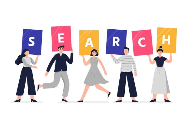Search Engine Optimization illustration. Group of web developers holding signs with the word SEARCH. Flat Vector illustration good for banners, ads, landing pages, SEO or other web promotion. — Stock Vector