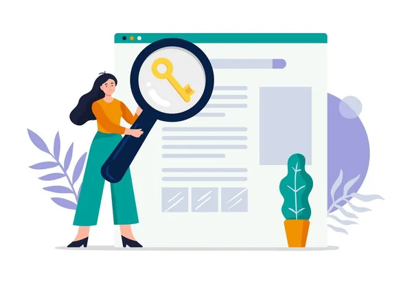 Güzel arama motoru optimizasyonu konsepti. Kız web sitesi sıralamasını yükseltmek için anahtar kelimeler araştırması yapıyor. Düz Vektör illüstrasyonu afişler, reklamlar, iniş sayfaları veya diğer web tanıtım sorunları için iyidir.