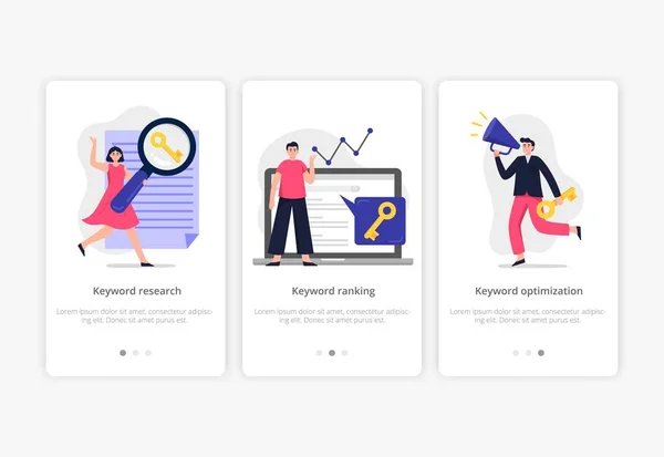Stijlvolle zoekmachine optimalisatie concepten: trefwoord onderzoek, ranking en optimalisatie. — Stockvector
