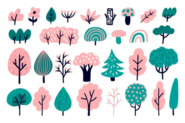 Set of woodland elements. Vector Illustration with different trees, branches, flowers, leaves, mushrooms and other natural things. — Stock Vector