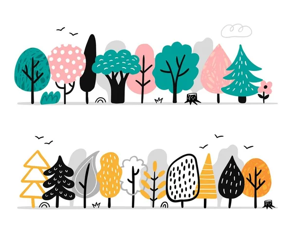 Cute woodland set from different seasons. Vector Illustration with winter, autumn and spring trees. Good for postcard, banners, sites, print or news. — Stock Vector