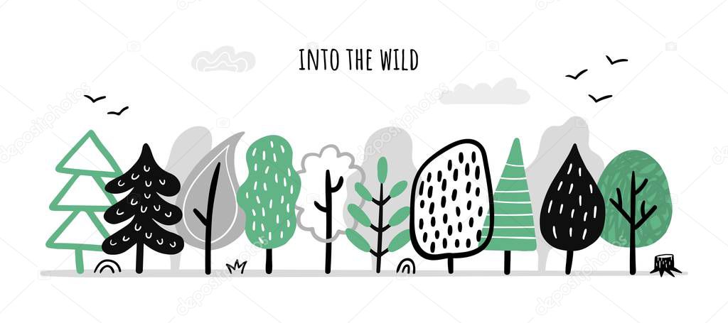 Hand-drawn cute forest with different trees. Vector illustration with text and many nature elements.