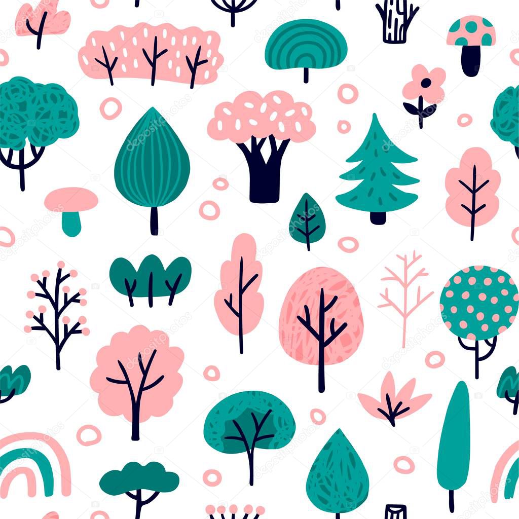 Woodland Seamless pattern. Cute Vector Illustration with different trees. Good for postcard, wallpaper, background, sites, print or embroidery.